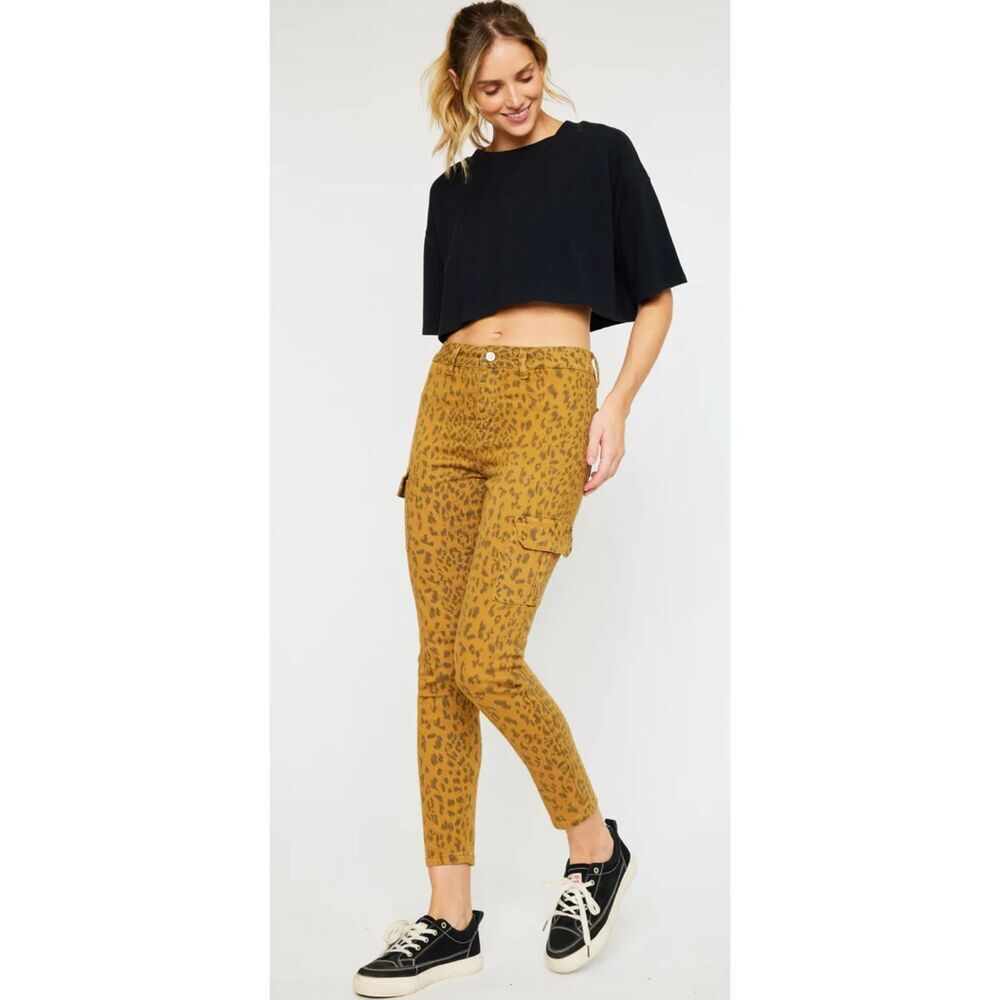KanCan Jeans Womens Size 26 Brown Super Skinny Cargo High Rise Leopard Print NWT